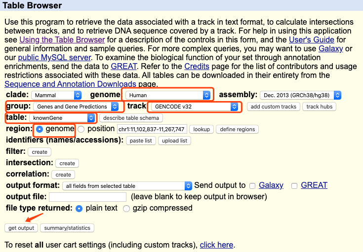 UCSC Table Browser for finding TSS